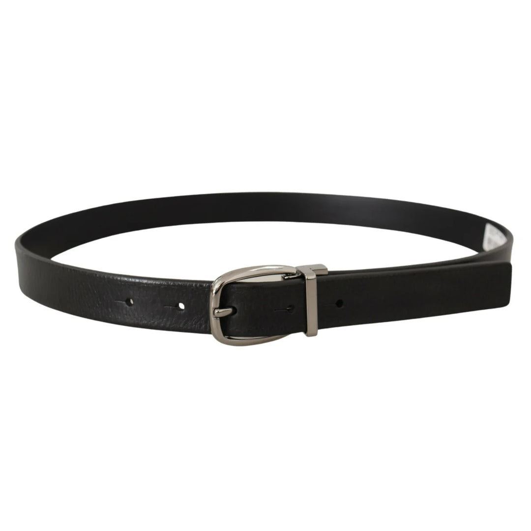 Dolce & Gabbana Black Leather Silver Chrome Metal Logo Buckle Belt