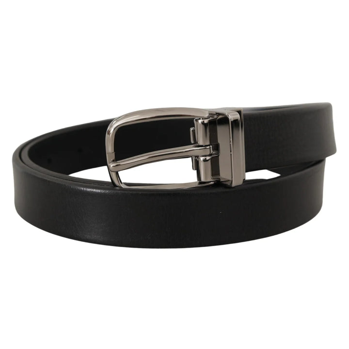 Dolce & Gabbana Black Leather Silver Chrome Metal Logo Buckle Belt