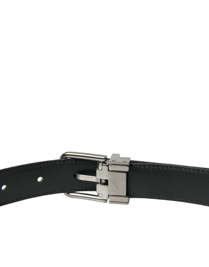 Dolce &amp; Gabbana Black Leather Silver Metal Buckle Belt