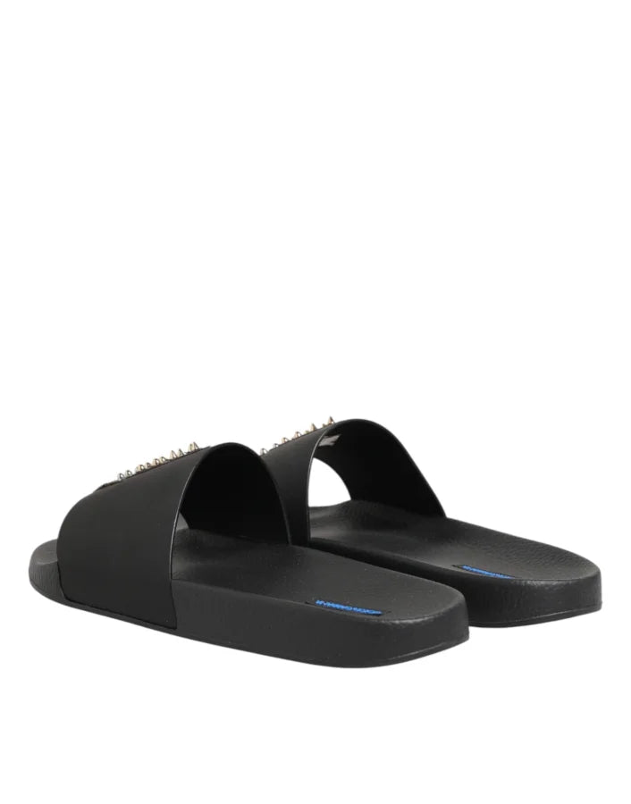 Dolce &amp; Gabbana Black Leather Slides Sandals Beachwear Shoes