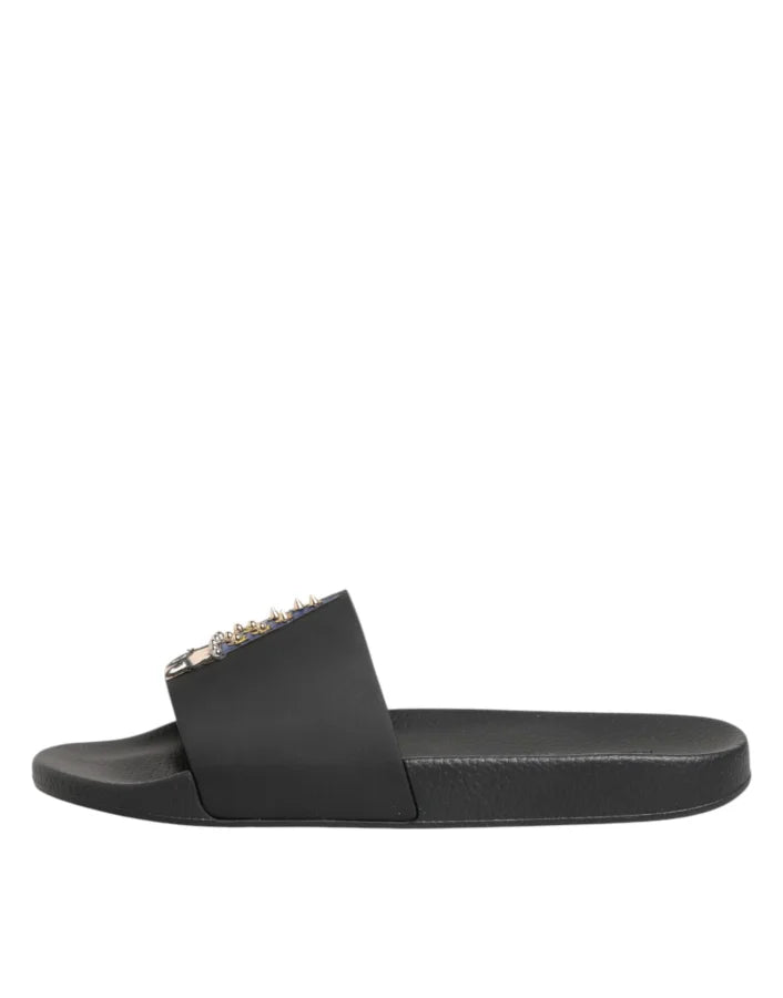 Dolce &amp; Gabbana Black Leather Slides Sandals Beachwear Shoes