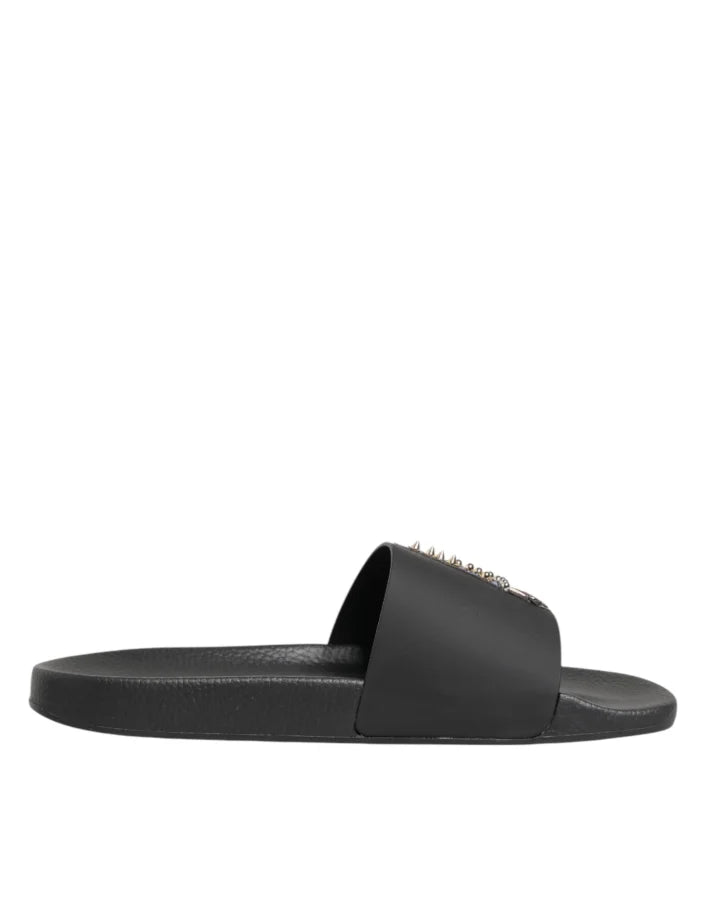 Dolce &amp; Gabbana Black Leather Slides Sandals Beachwear Shoes