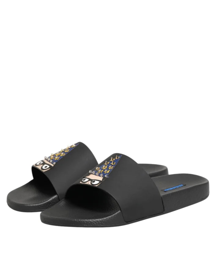 Dolce &amp; Gabbana Black Leather Slides Sandals Beachwear Shoes