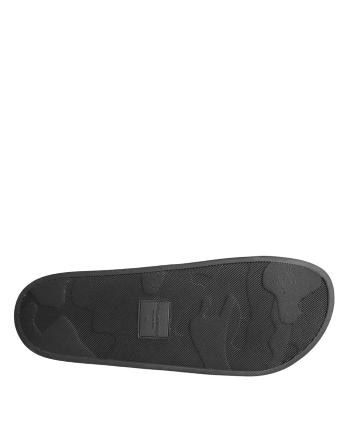 Dolce &amp; Gabbana Black Leather Slides Sandals Beachwear Shoes