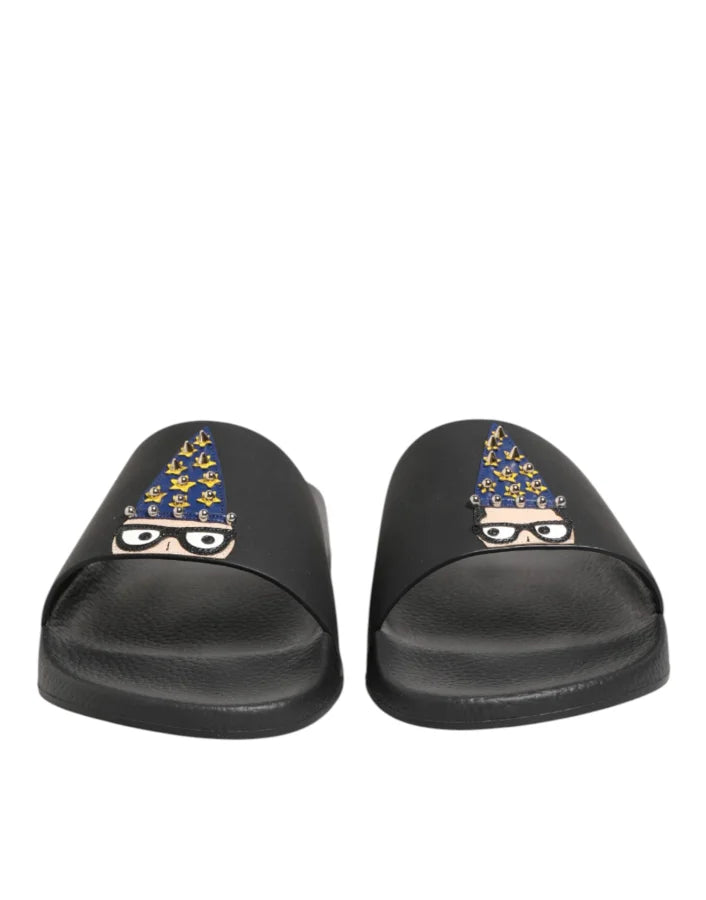 Dolce &amp; Gabbana Black Leather Slides Sandals Beachwear Shoes