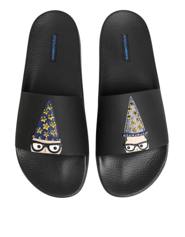 Dolce &amp; Gabbana Black Leather Slides Sandals Beachwear Shoes