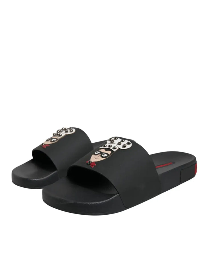 Dolce &amp; Gabbana Black Leather Slides Sandals Beachwear Shoes