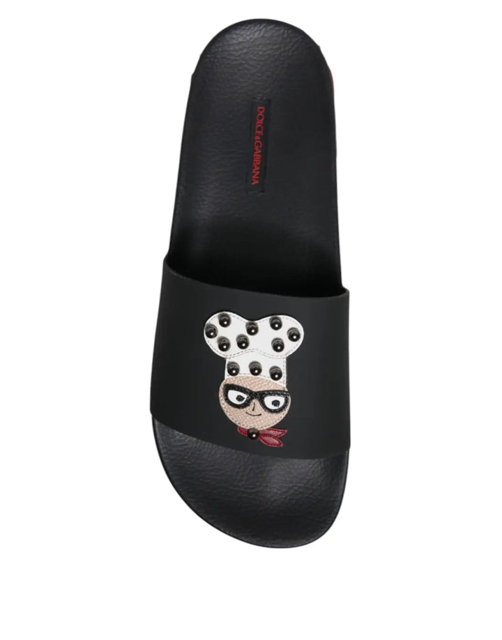 Dolce &amp; Gabbana Black Leather Slides Sandals Beachwear Shoes