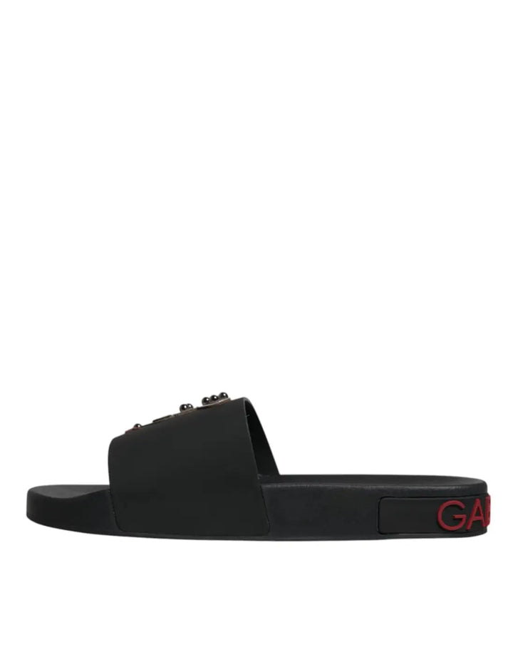 Dolce &amp; Gabbana Black Leather Slides Sandals Beachwear Shoes