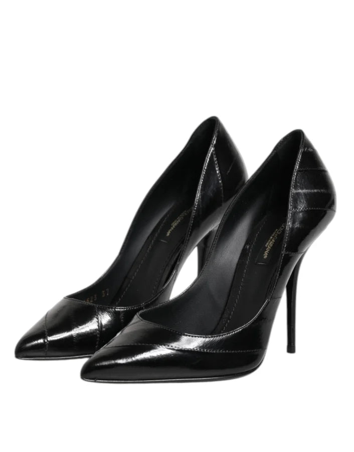 Dolce &amp; Gabbana Black Leather Stiletto High Heels Pumps Shoes