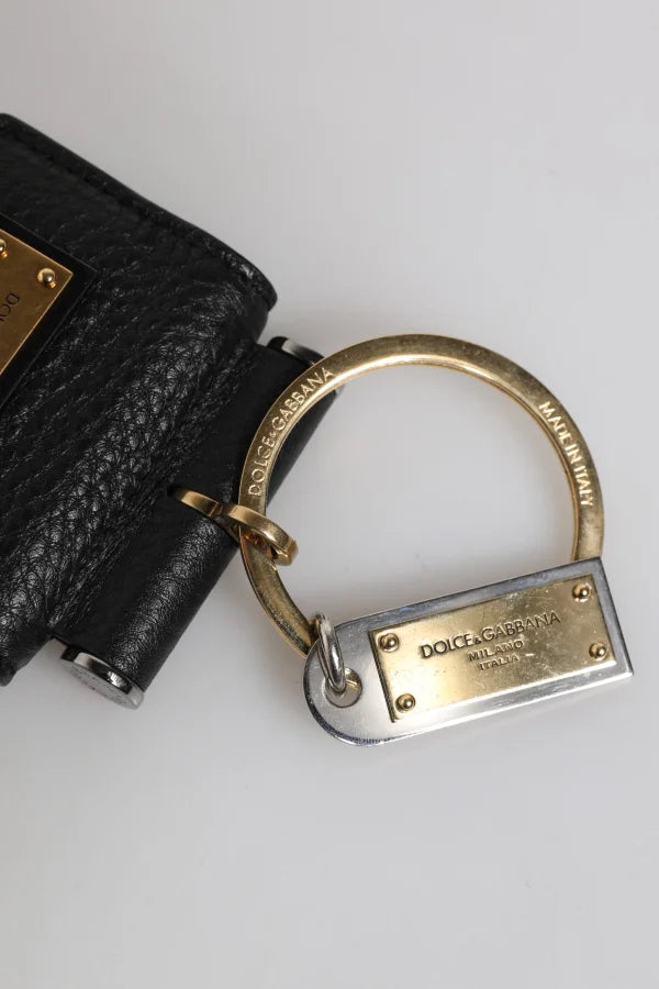 Dolce &amp; Gabbana Black Leather Strap Gold Metal Logo Plaque Airpods Case