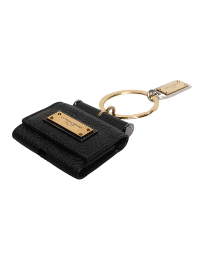 Dolce &amp; Gabbana Black Leather Strap Gold Metal Logo Plaque Airpods Case