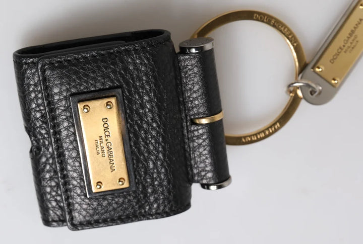 Dolce &amp; Gabbana Black Leather Strap Gold Metal Logo Plaque Airpods Case