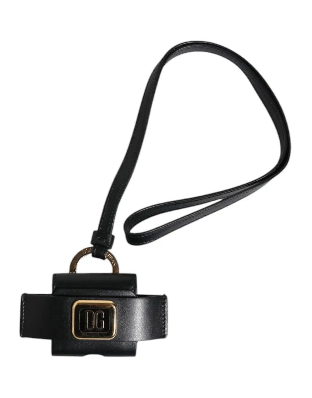 Dolce &amp; Gabbana Black Leather Strap Gold Metal Logo Plaque Airpods Case