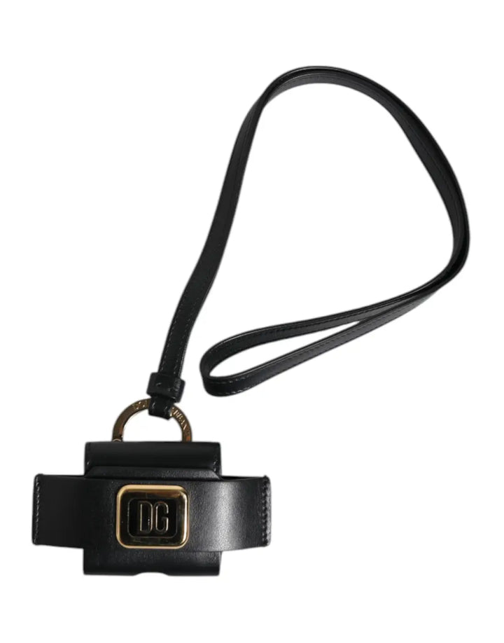 Dolce &amp; Gabbana Black Leather Strap Gold Metal Logo Plaque Airpods Case