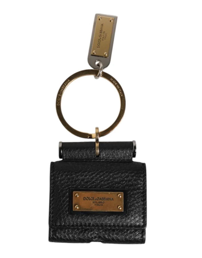 Dolce &amp; Gabbana Black Leather Strap Gold Metal Logo Plaque Airpods Case
