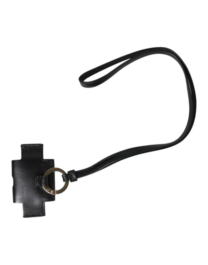 Dolce &amp; Gabbana Black Leather Strap Gold Metal Logo Plaque Airpods Case