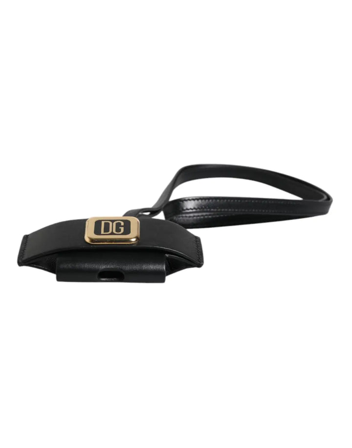 Dolce &amp; Gabbana Black Leather Strap Gold Metal Logo Plaque Airpods Case
