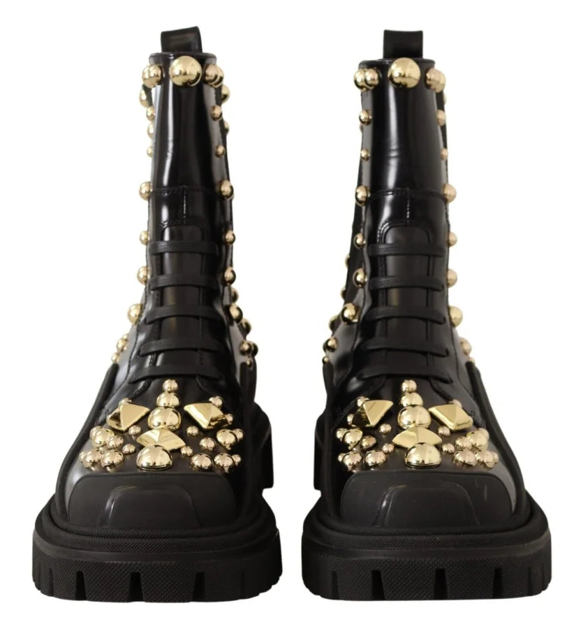 Dolce &amp; Gabbana Black Leather Studded Combat Boots