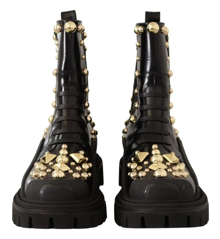 Dolce &amp; Gabbana Black Leather Studded Combat Boots
