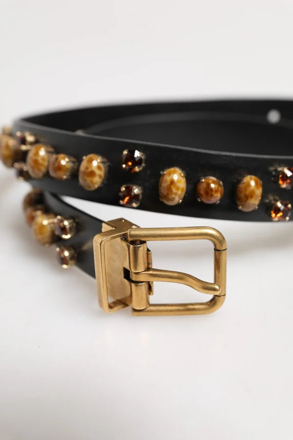 Dolce &amp; Gabbana Black Leather Studded Gold Tone Buckle Belt