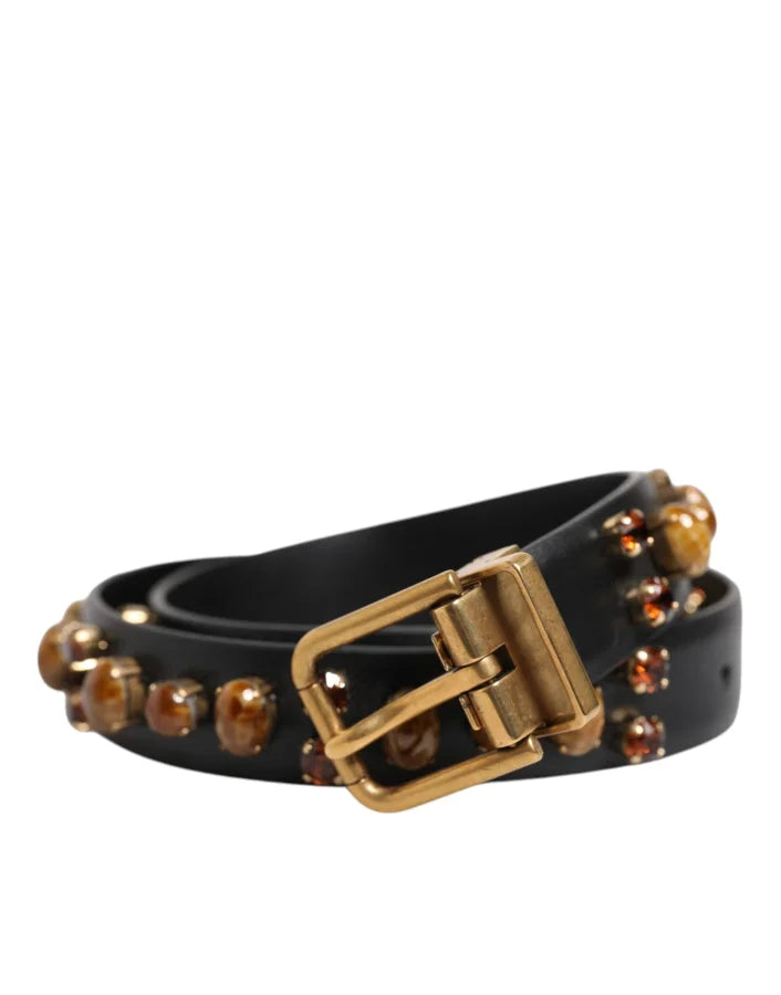 Dolce &amp; Gabbana Black Leather Studded Gold Tone Buckle Belt