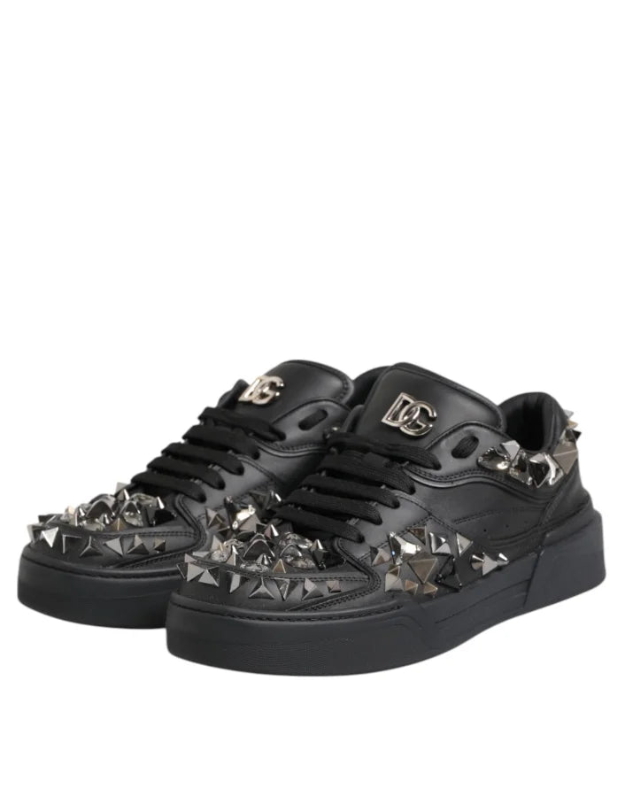 Dolce &amp; Gabbana Black Leather Studded Low Top Sneakers Shoes
