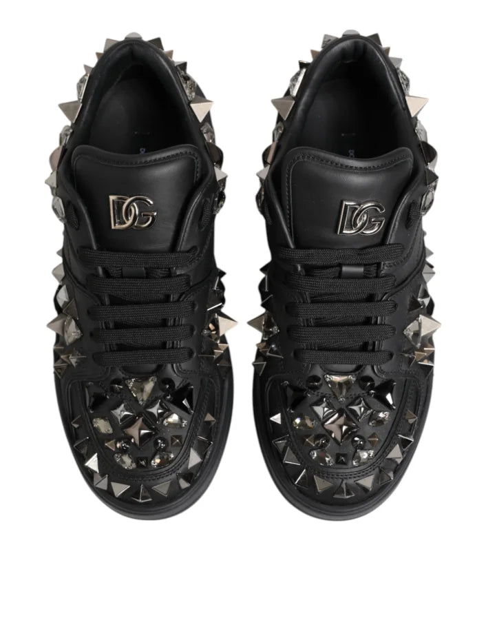 Dolce &amp; Gabbana Black Leather Studded Low Top Sneakers Shoes