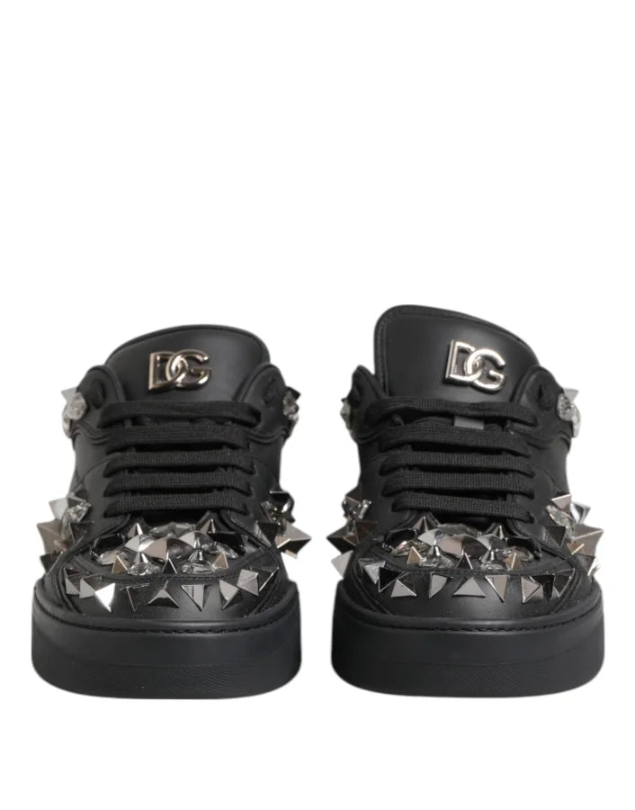 Dolce &amp; Gabbana Black Leather Studded Low Top Sneakers Shoes