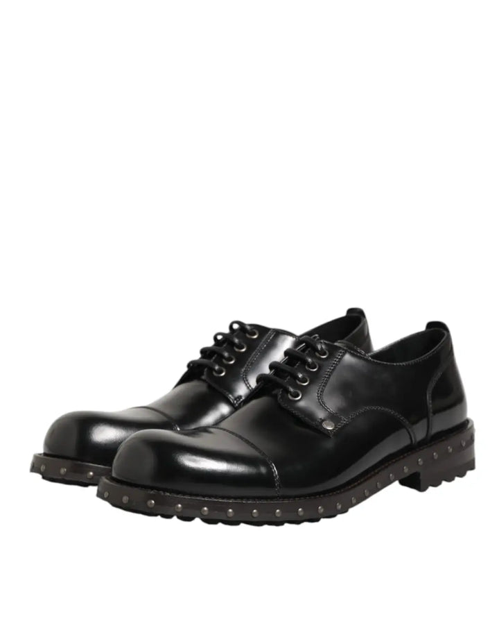 Dolce &amp; Gabbana Black Leather Studded Men Formal Derby Shoes