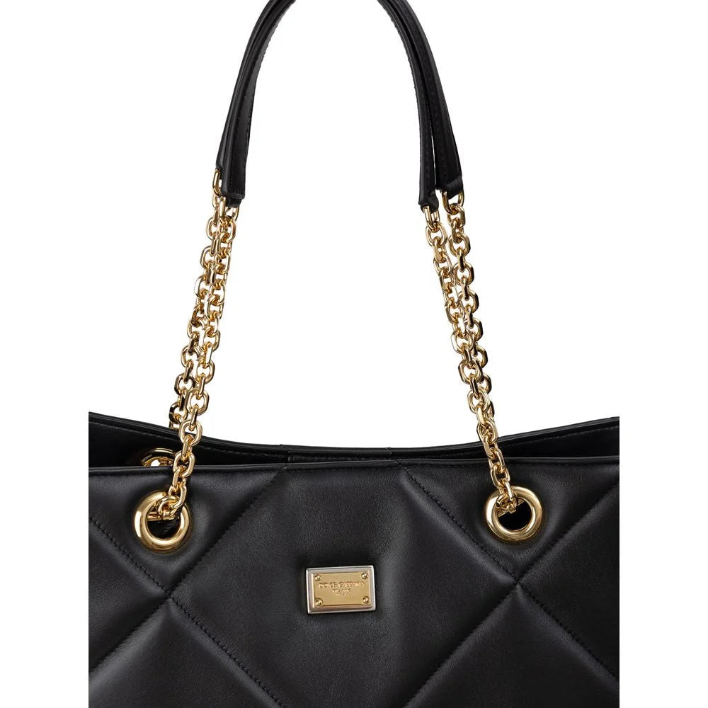 Dolce & Gabbana Black Leather Tote Bag with Gold Chain Handles