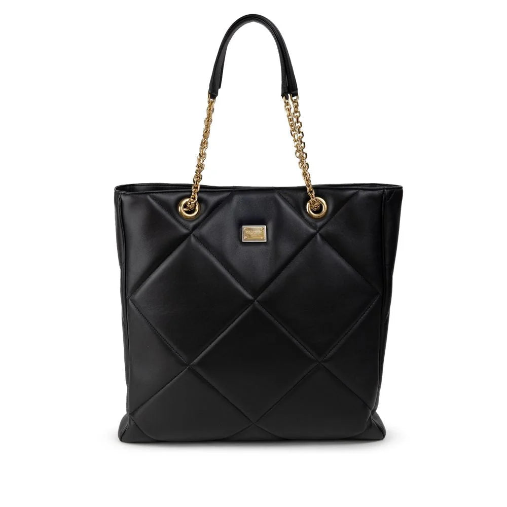 Dolce & Gabbana Black Leather Tote Bag with Gold Chain Handles