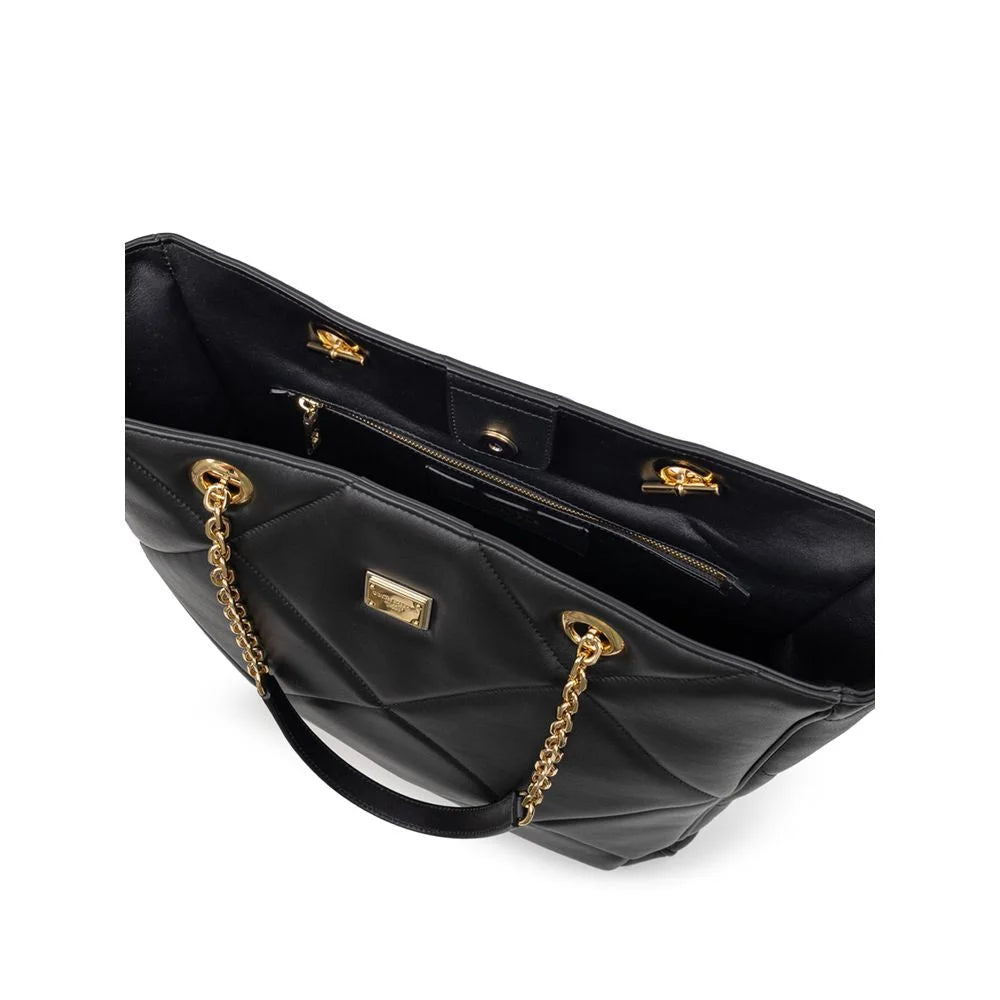 Dolce & Gabbana Black Leather Tote Bag with Gold Chain Handles