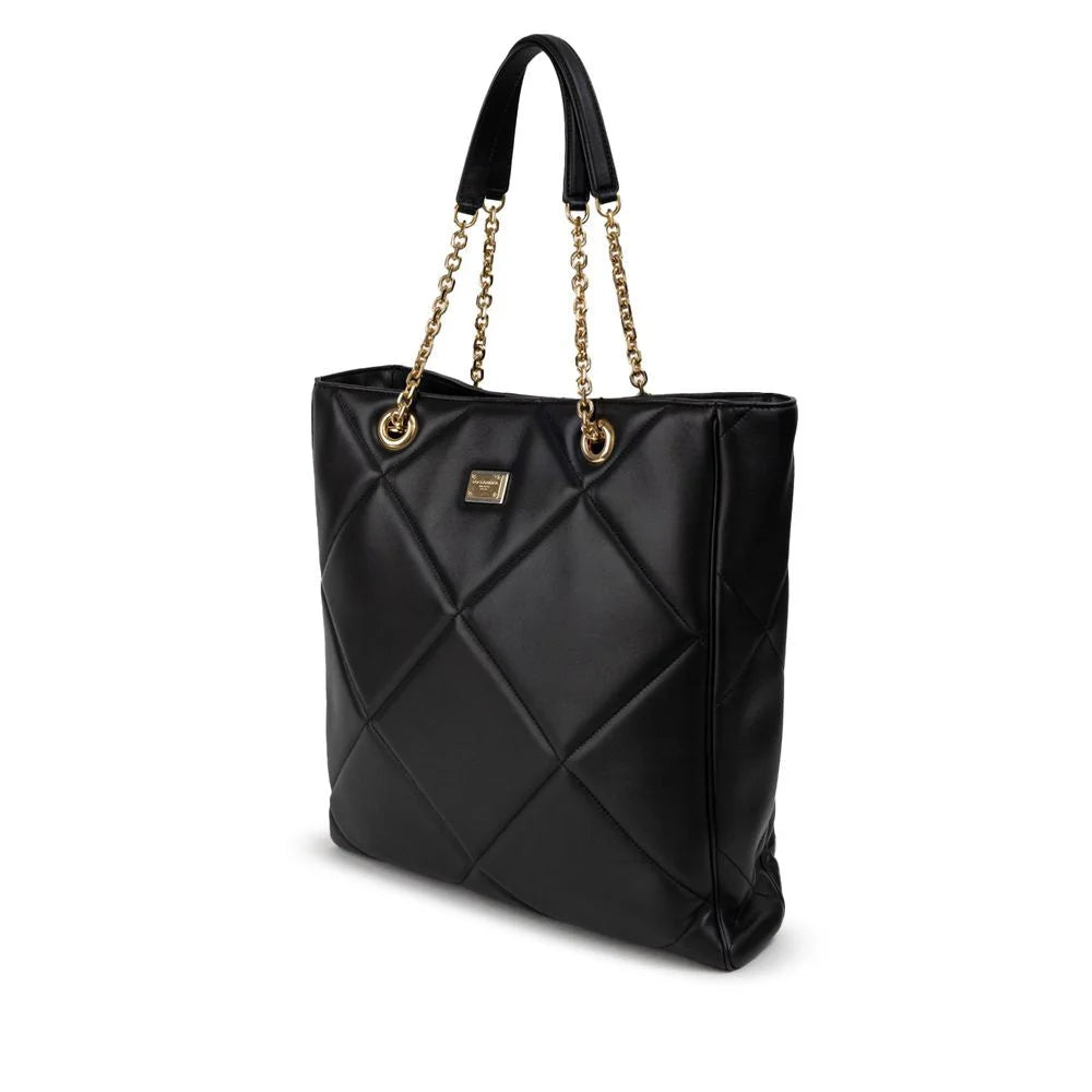 Dolce & Gabbana Black Leather Tote Bag with Gold Chain Handles