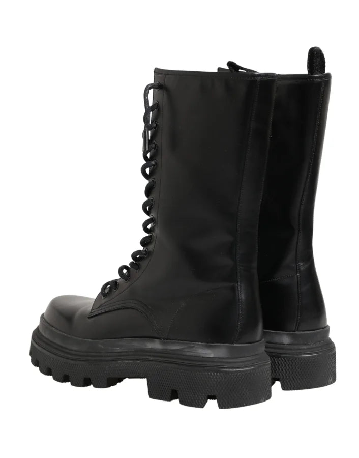 Dolce &amp; Gabbana Black Leather Trek Sole Combat Boots Shoes