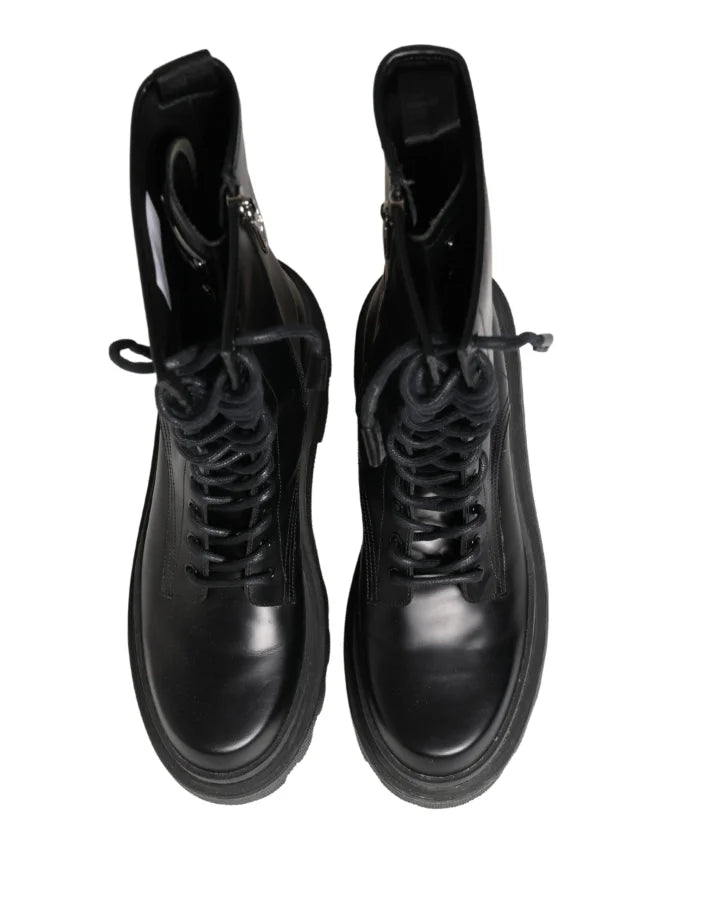 Dolce &amp; Gabbana Black Leather Trek Sole Combat Boots Shoes