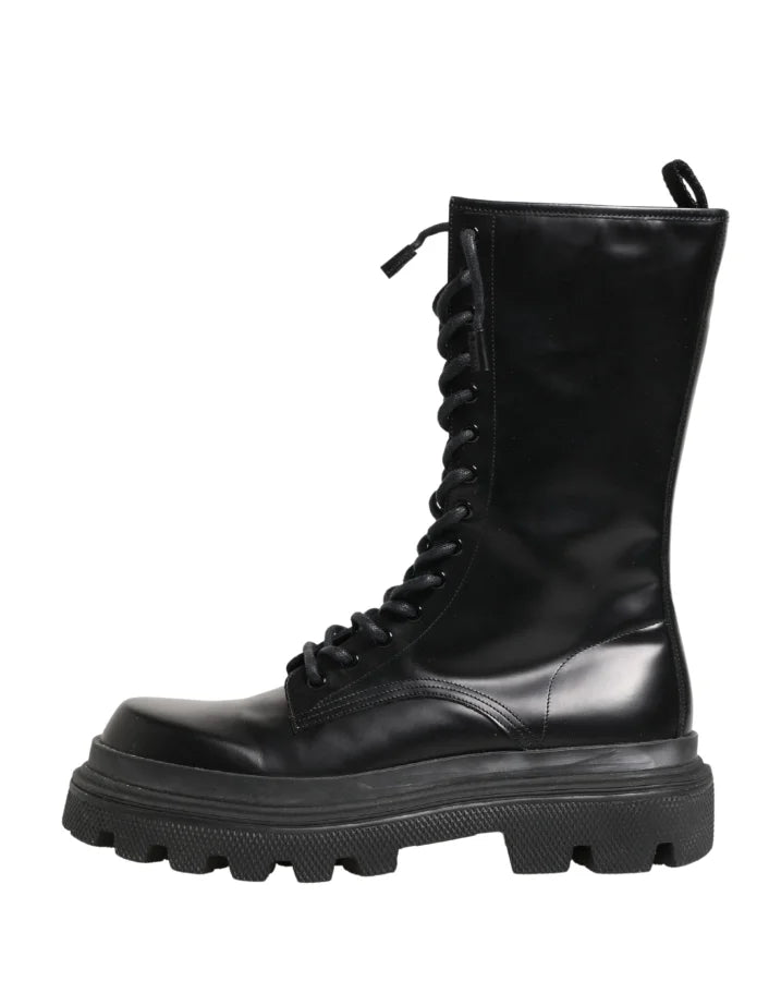 Dolce &amp; Gabbana Black Leather Trek Sole Combat Boots Shoes