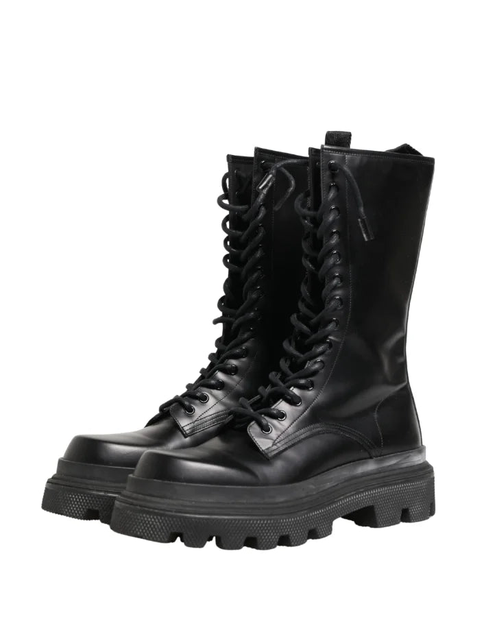 Dolce &amp; Gabbana Black Leather Trek Sole Combat Boots Shoes