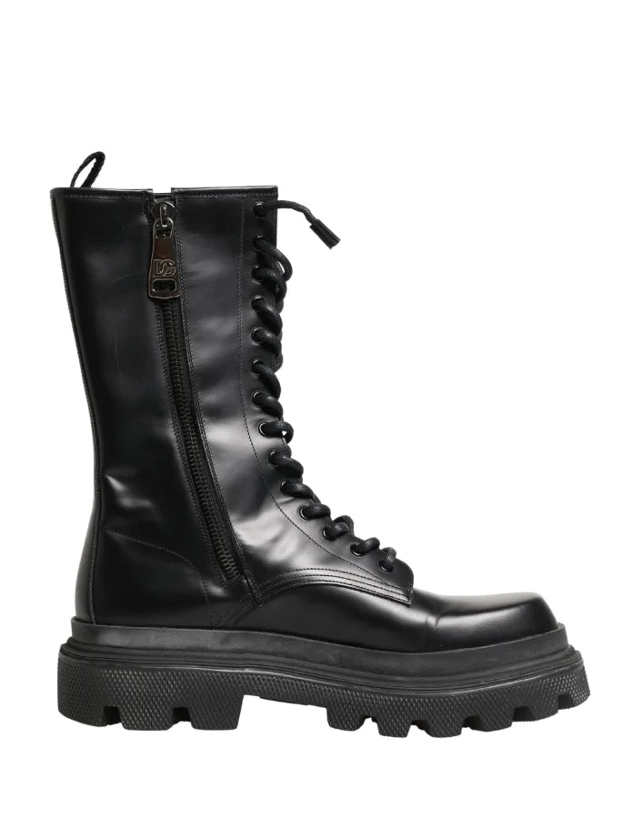 Dolce &amp; Gabbana Black Leather Trek Sole Combat Boots Shoes