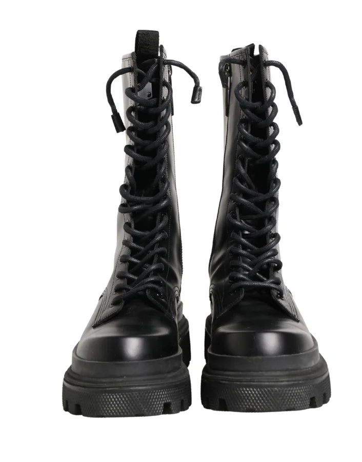 Dolce &amp; Gabbana Black Leather Trek Sole Combat Boots Shoes