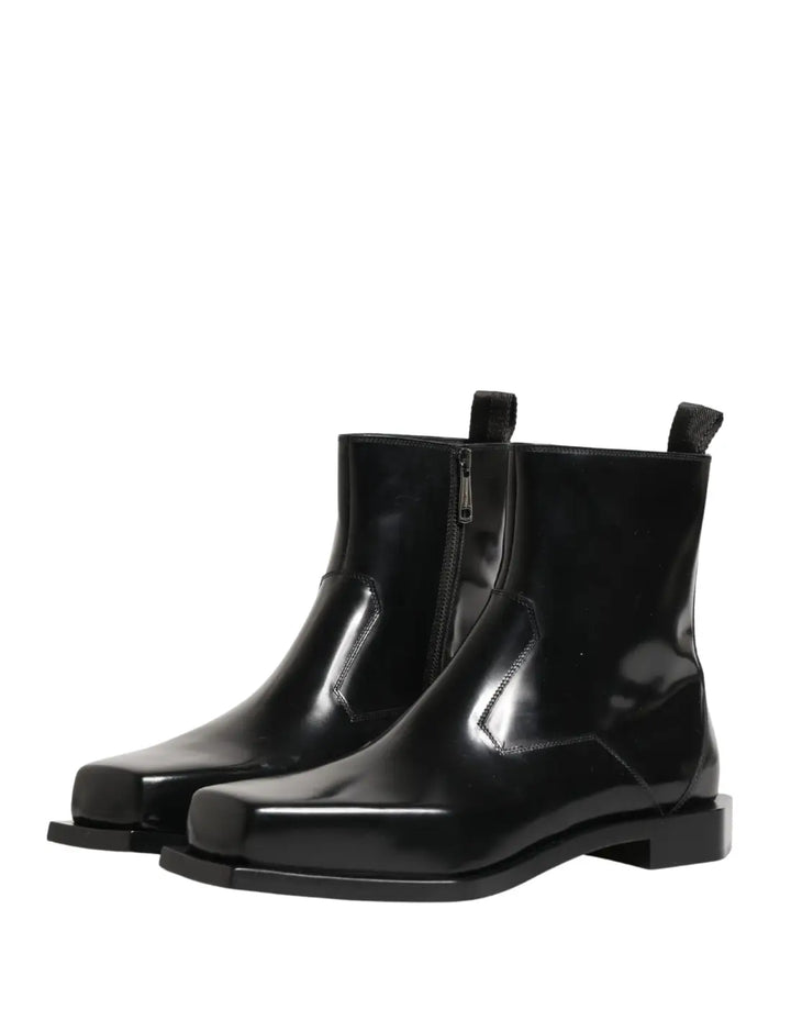 Dolce &amp; Gabbana Black Leather Zip Closure Ankle Boots Shoes