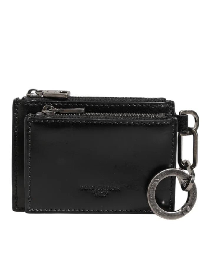 Dolce &amp; Gabbana Black Leather Zipped Card Holder Coin Purse Keyring Wallet