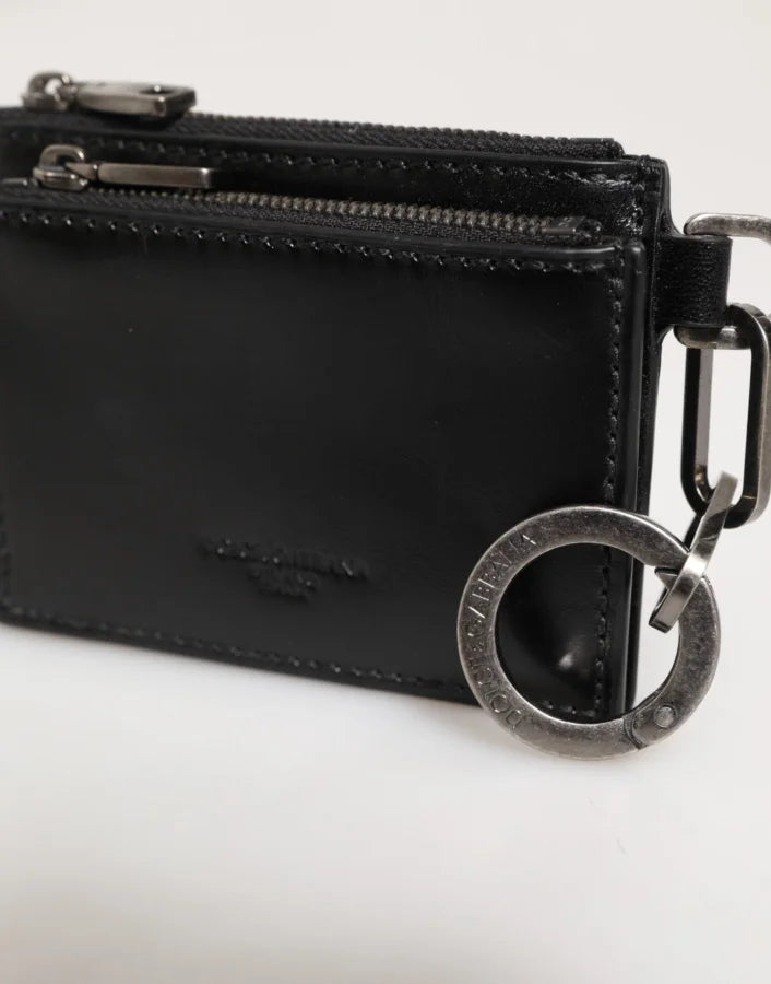 Dolce &amp; Gabbana Black Leather Zipped Card Holder Coin Purse Keyring Wallet