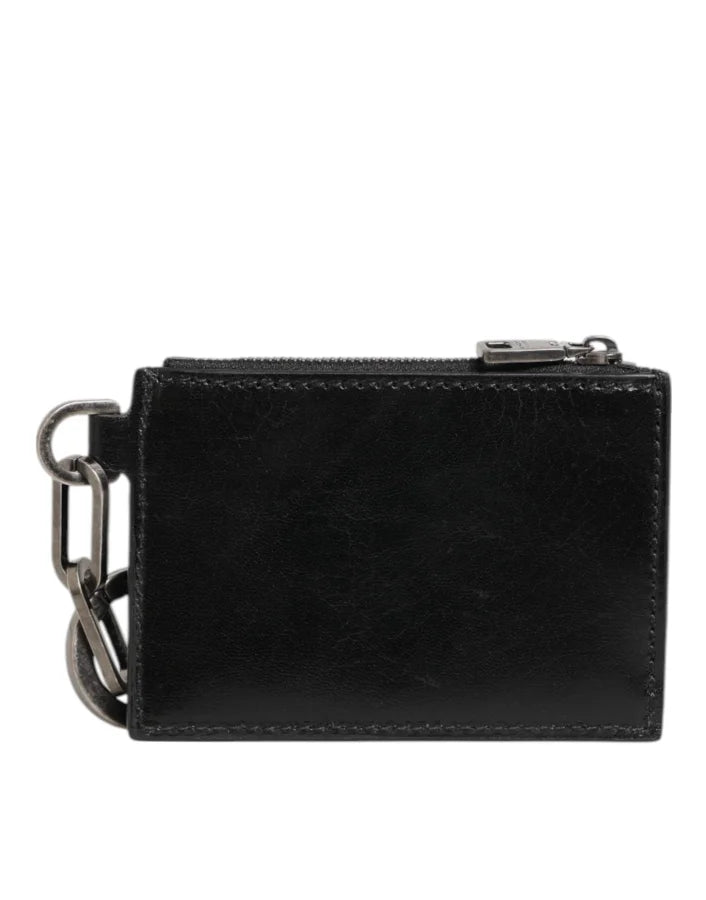 Dolce &amp; Gabbana Black Leather Zipped Card Holder Coin Purse Keyring Wallet