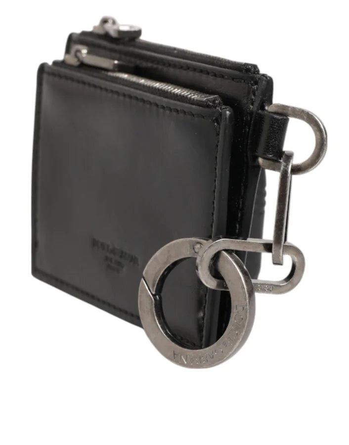 Dolce &amp; Gabbana Black Leather Zipped Card Holder Coin Purse Keyring Wallet