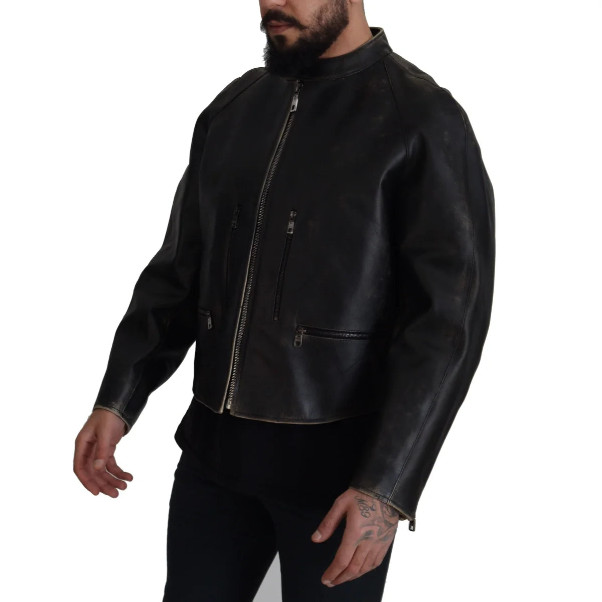 Dolce & Gabbana Black Leather Zipper Biker Coat Jacket