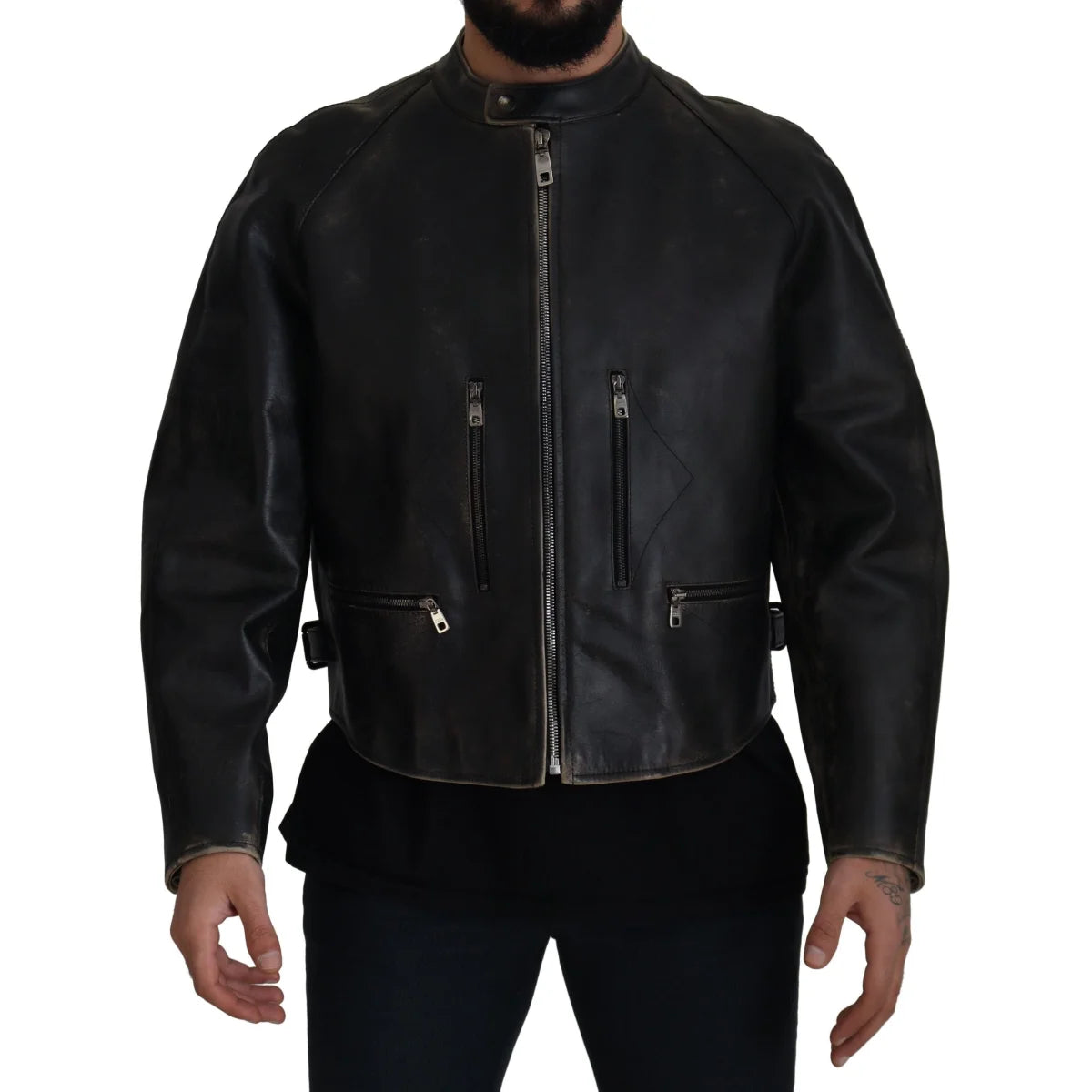 Dolce & Gabbana Black Leather Zipper Biker Coat Jacket