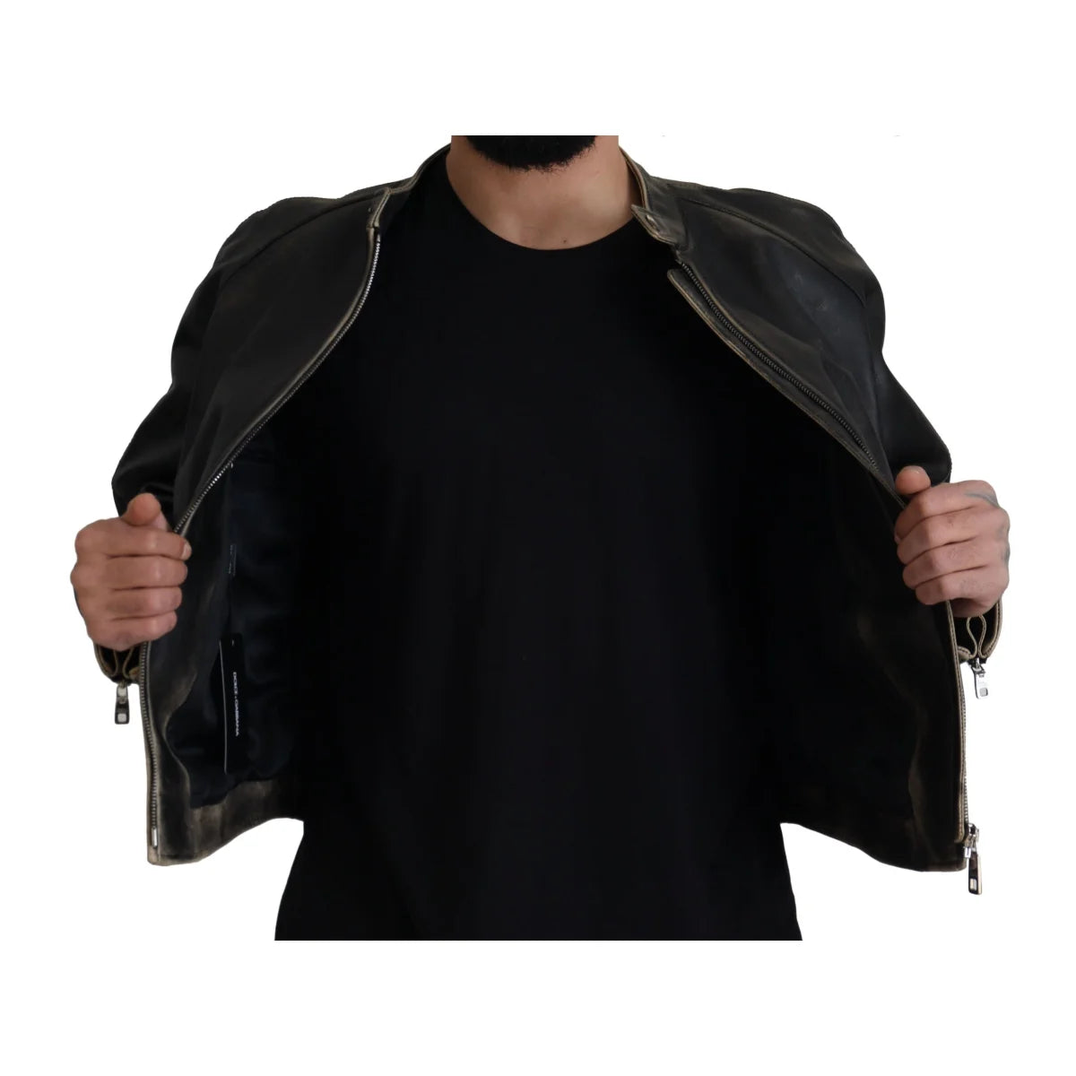 Dolce & Gabbana Black Leather Zipper Biker Coat Jacket