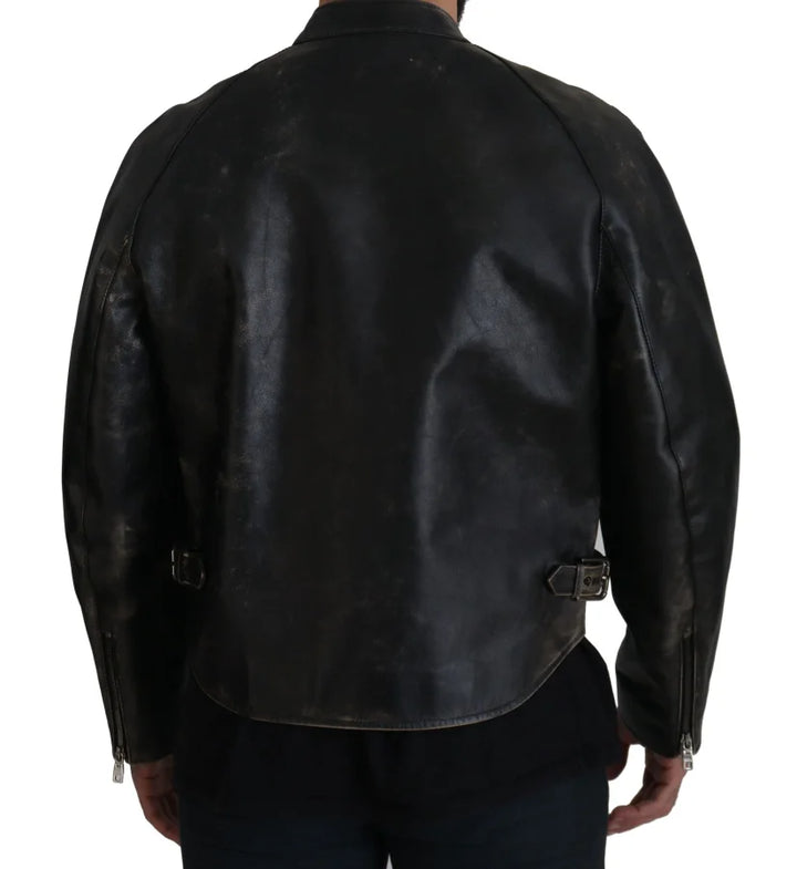 Dolce & Gabbana Black Leather Zipper Biker Coat Jacket