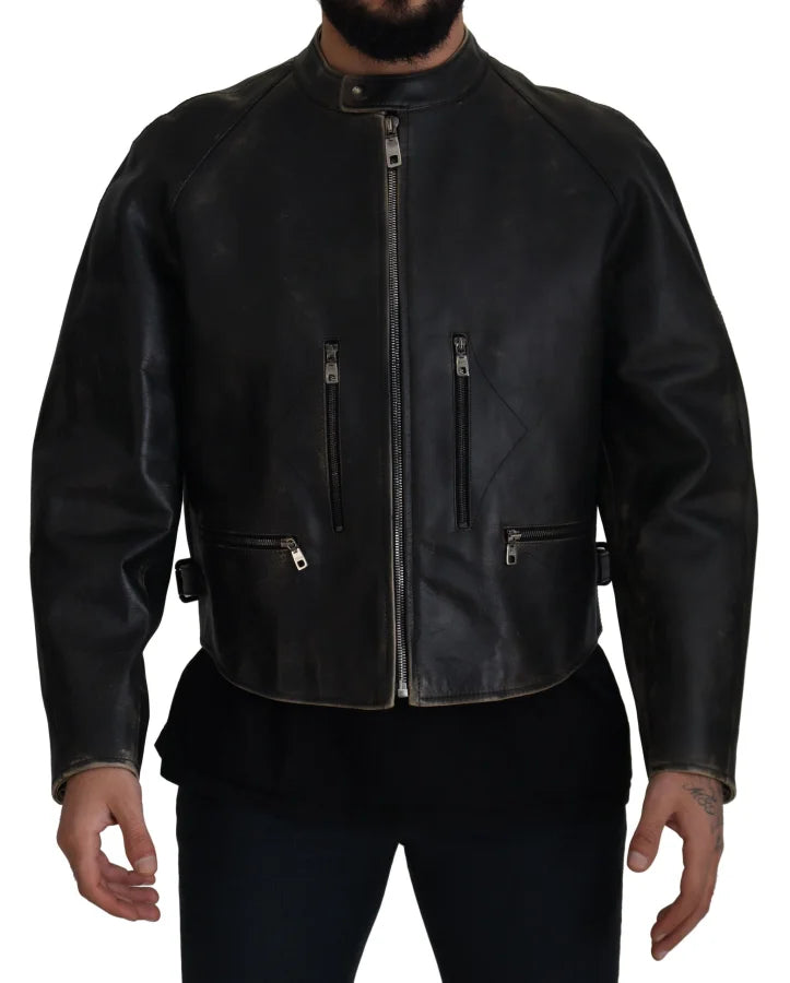 Dolce & Gabbana Black Leather Zipper Biker Coat Jacket